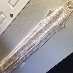 White lace halter maxi with left thigh slit